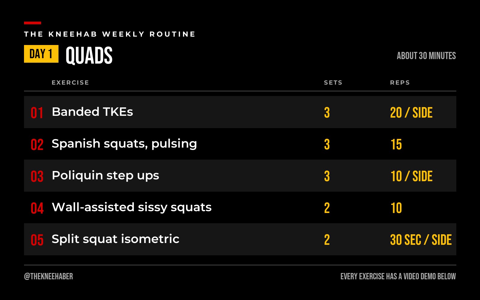 Day 1 chart: five quad exercises with sets and reps