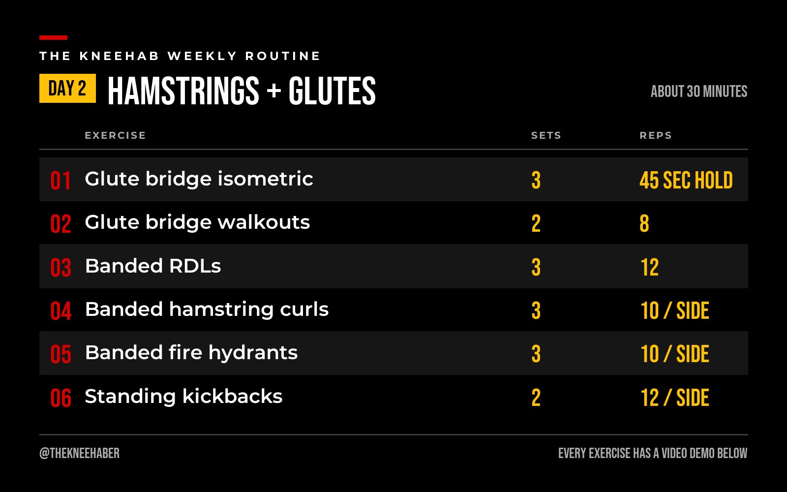 Day 2 chart: six hamstring and glute exercises with sets and reps