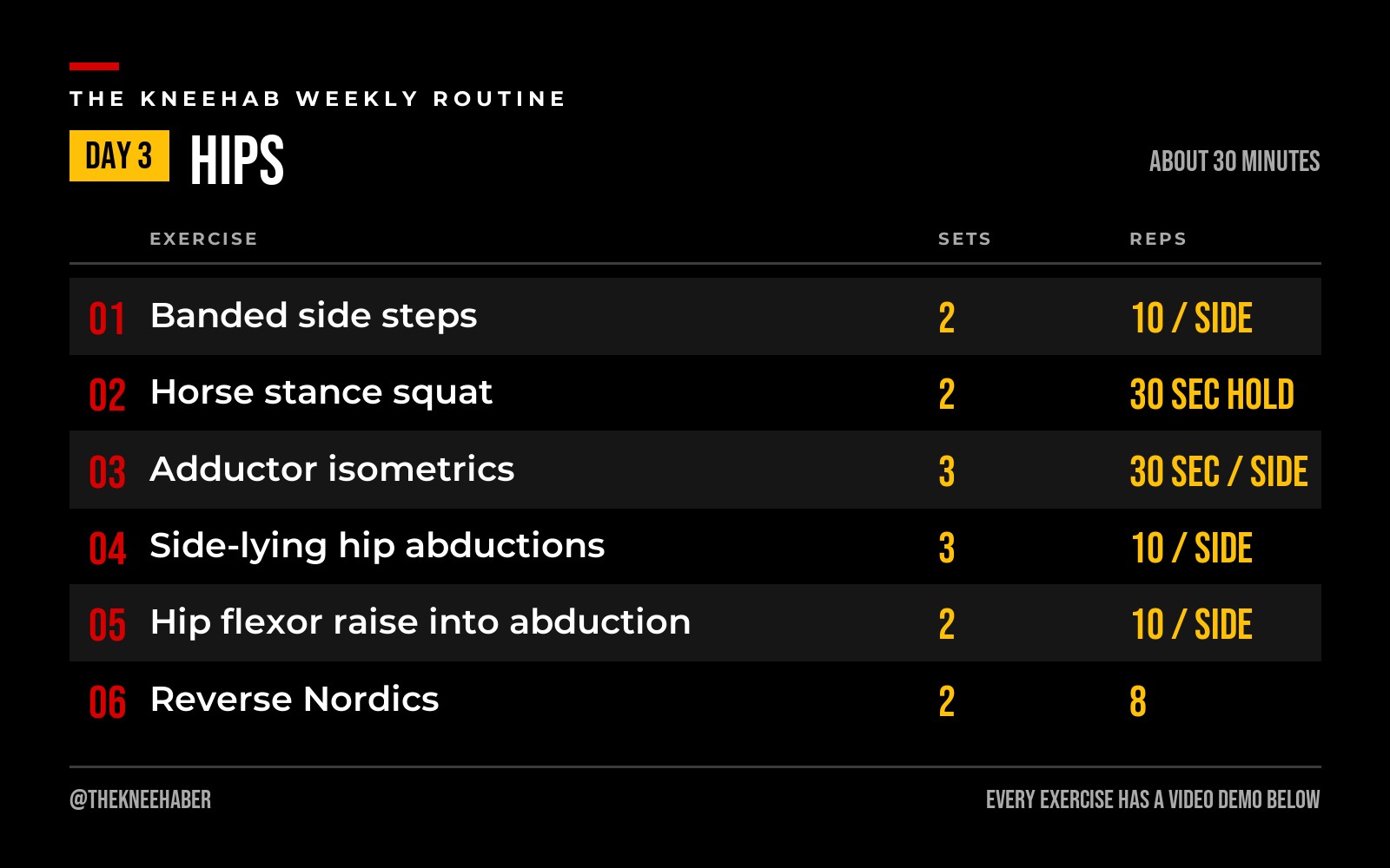 Day 3 chart: six hip exercises with sets and reps