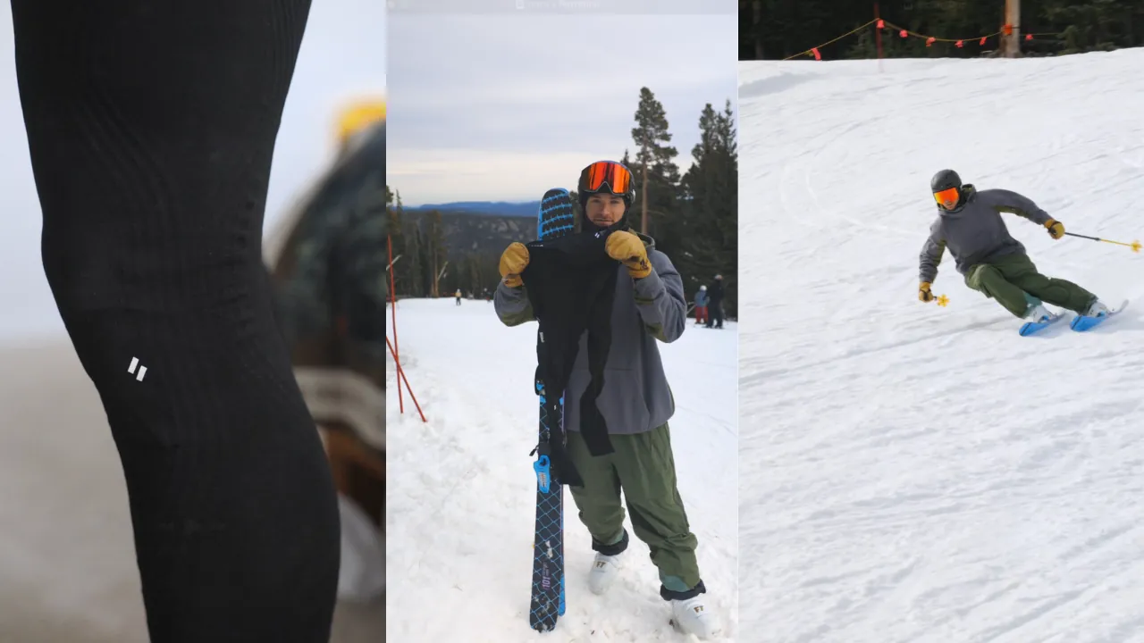 Three photos of a black knee compression sleeve: a close-up on the leg, holding one up at the ski hill, and skiing a groomer wearing it