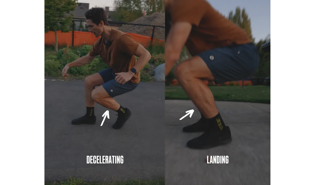 Two photos labeled decelerating and landing, with arrows pointing to the tibialis anterior muscle on the shin