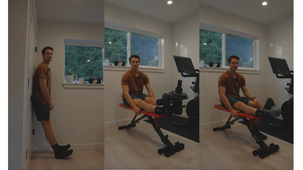 Three tibialis raise variations: standing raises leaning against a wall, and seated raises on a bench with a weight over the foot