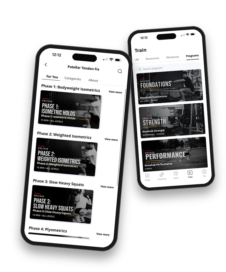 Two phones showing the Kneehab Training App: the Patellar Tendon Fix phases and the Programs tab with Kneehab Foundations, Strength and Performance