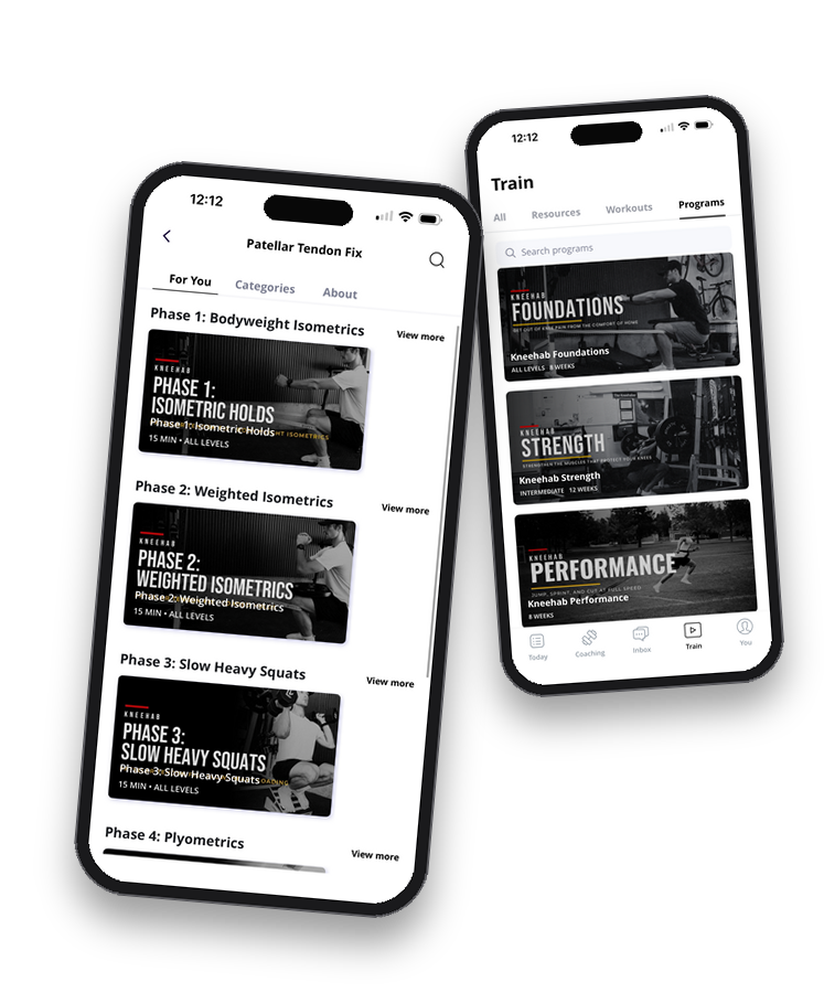 Two phones showing the Kneehab Training App: the Patellar Tendon Fix phases and the Programs tab with Kneehab Foundations, Strength and Performance
