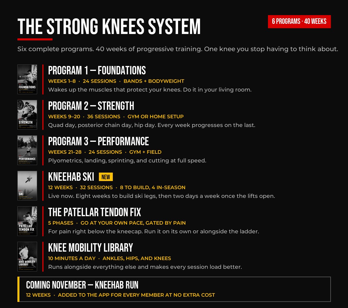 The Strong Knees System: six programs, 40 weeks. Foundations, Strength, Performance, Kneehab Ski, the Patellar Tendon Fix and the Knee Mobility Library, with Kneehab Run coming in November