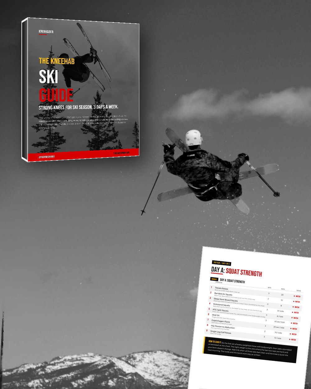 The Kneehab Ski Guide cover and a page from inside, over a photo of Connor mid air on skis