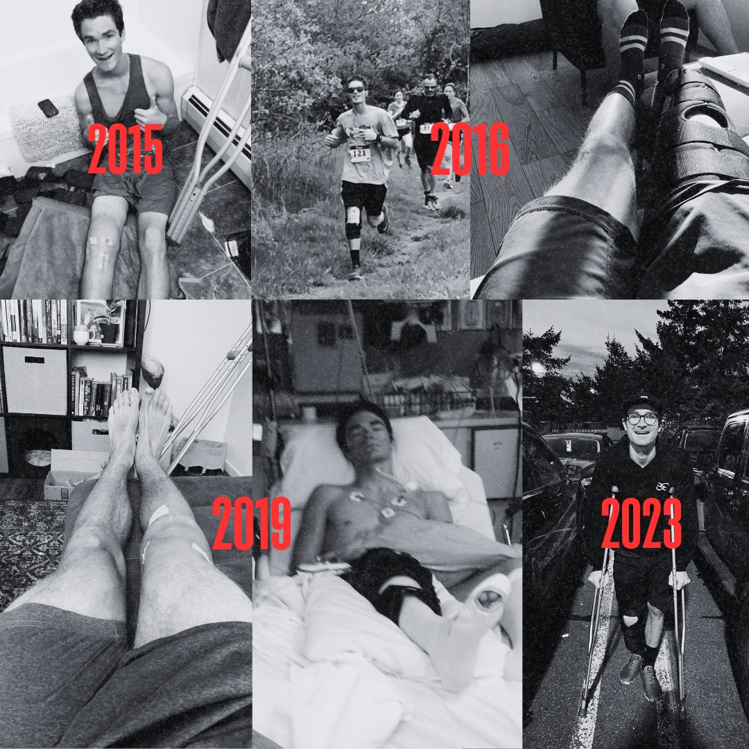 Six photos across Connor's four ACL tears, stamped 2015, 2016, 2019 (the third reconstruction, two years after the 2017 tear), and 2023: on crutches, in knee braces, racing in a brace, and in a hospital bed after surgery