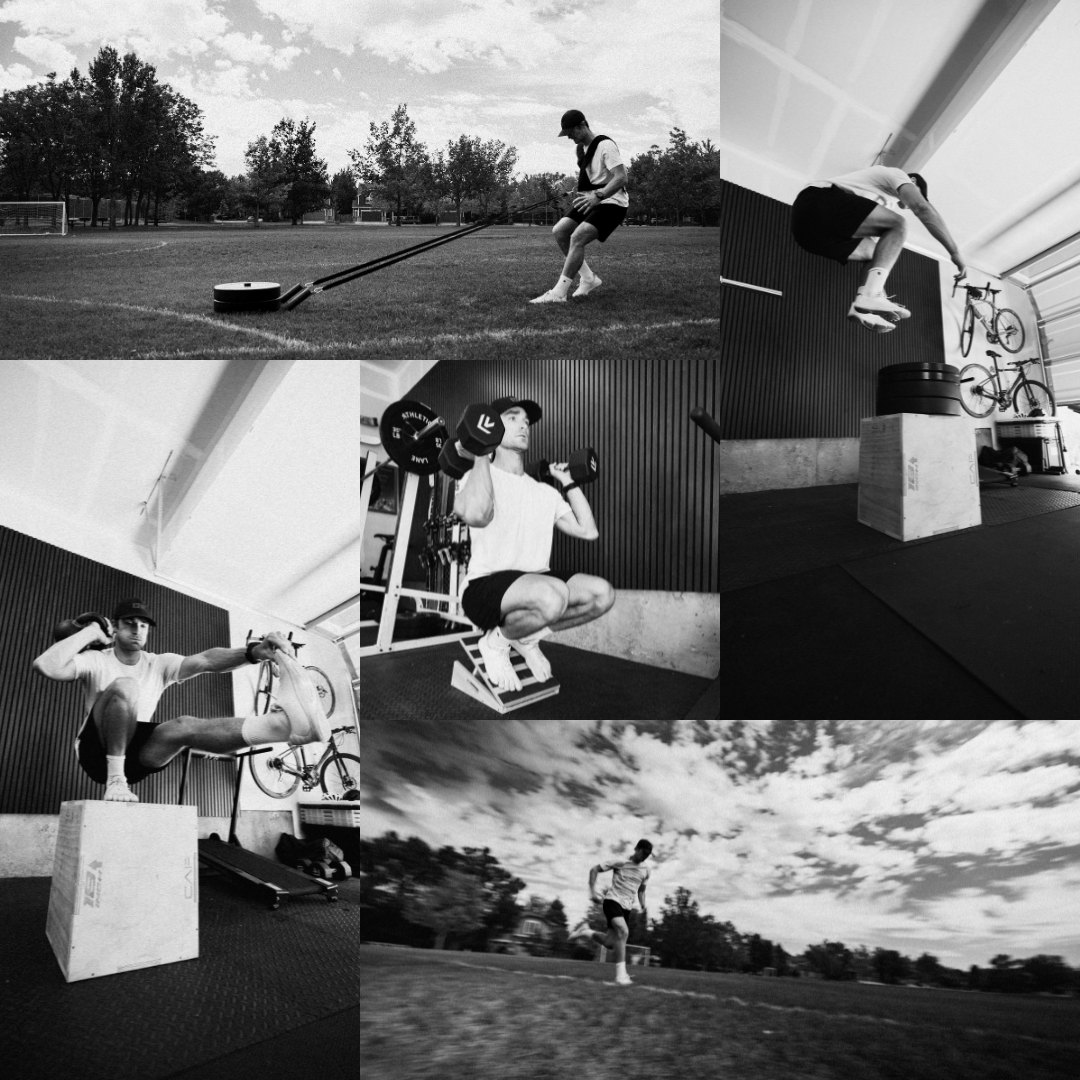 Five photos of Connor training: a sled sprint on the field, a box jump, a dumbbell slant-board squat, a pistol squat on a plyo box, and a full sprint under a big sky