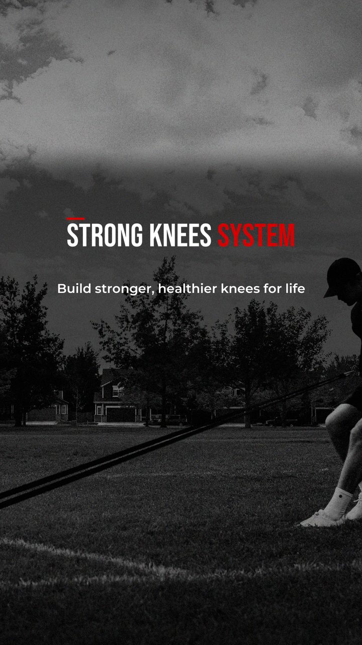 Connor dragging a sled backward across a field, under the Strong Knees System wordmark