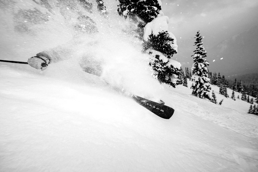 Connor mid powder turn on skis, snow spraying, trees behind