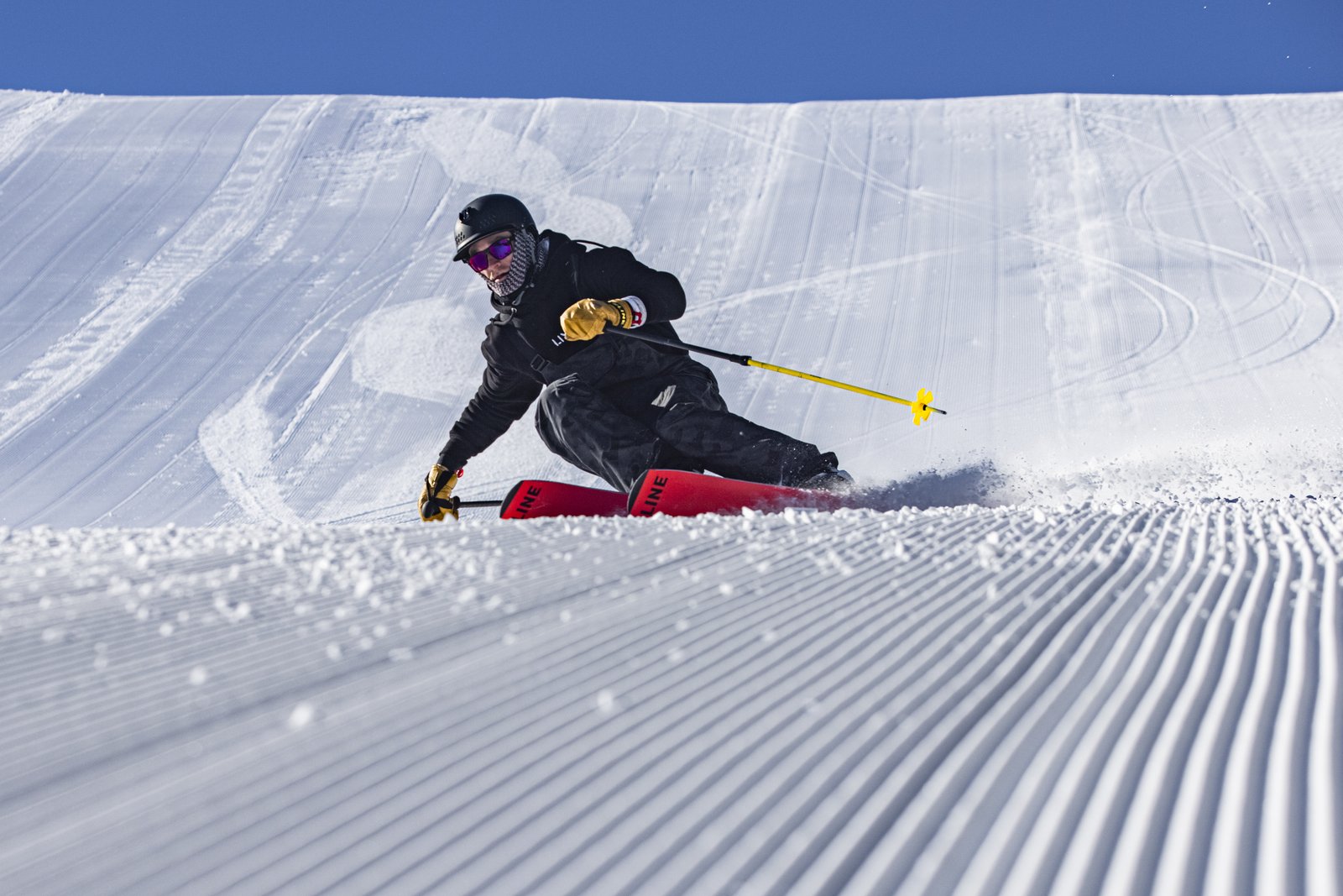 Connor carving a fresh groomer at Alta